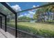 Screened pool area offering a scenic view of a tranquil lake and lush greenery at 13906 Captains Reef Ct, Tampa, FL 33624