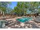 Community pool with a paved deck, lounge chairs, tables, umbrellas and mature shade trees at 1486 Mahogany Ln # 703, Palm Harbor, FL 34683