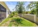 Landscaped backyard featuring a stone privacy wall and a young shade tree at 2644 Leafwing Ct, Palm Harbor, FL 34683
