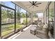 Inviting screened patio with comfortable seating, ceiling fan, offering a serene outdoor living space at 2644 Leafwing Ct, Palm Harbor, FL 34683