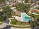 Aerial view of a community pool with a recreation center surrounded by lush landscaping and palm trees at 10013 Caraway Spice Ave, Riverview, FL 33578