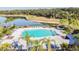 Beautiful community pool surrounded by palm trees and comfortable lounge chairs with lake views at 10148 Rose Petal Pl, Riverview, FL 33578