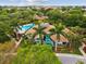 Aerial view of the clubhouse and pool area surrounded by lush landscaping and mature palm trees at 1015 S Pointe Alexis Dr, Tarpon Springs, FL 34689