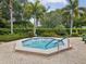 Inviting hot tub with brick surround and grab rail surrounded by lush greenery and palm trees at 1015 S Pointe Alexis Dr, Tarpon Springs, FL 34689