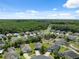 Aerial view of a quiet neighborhood surrounded by lush green forest and a small pond at 11220 Godwit Ct, New Port Richey, FL 34654