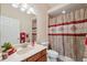 This bathroom features a sink with vanity, toilet, and shower with curtain and tile at 11220 Godwit Ct, New Port Richey, FL 34654