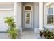 Inviting front entrance with decorative columns, glass door, and manicured landscaping, adding curb appeal at 11220 Godwit Ct, New Port Richey, FL 34654