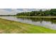 View of a grassy backyard leading to a calm lake surrounded by trees at 2826 Riders Pass, Odessa, FL 33556