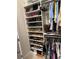 Walk-in closet featuring custom shelving for shoe storage and hanging clothes at 2826 Riders Pass, Odessa, FL 33556
