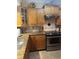 Close-up of kitchen featuring granite countertops, stainless steel oven, tile backsplash, and wood cabinetry at 3210 W North B St, Tampa, FL 33609