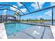 Screened in pool with a lake view beyond the enclosure and some palm trees at 5539 Silver Sun Dr, Apollo Beach, FL 33572