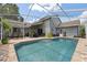 A screened-in pool area with a well-maintained pool, patio, and view of the home's exterior at 7903 Lake Placid Ln, Trinity, FL 34655