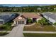 Aerial shot of a single-story home featuring a two-car garage, mature landscaping, and a well-kept lawn at 8127 Tarsier Ave, New Port Richey, FL 34653
