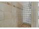 Tiled shower enclosure with glass block wall, adding a modern touch to the bathroom at 8211 Canyon Creek Way, Tampa, FL 33647