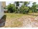 A backyard with a small wall, a sparse lawn, and scattered debris surrounded by mature trees at 111 Orangeview Ave, Clearwater, FL 33755