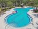 Aerial view of a large, modern community pool surrounded by palm trees and lounge chairs at 13357 Waterleaf Garden Cir, Riverview, FL 33579