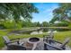 Backyard with a scenic pond view, fire pit, and comfortable seating area at 14019 Nighthawk Ter, Lakewood Ranch, FL 34202