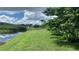 Expansive backyard with manicured lawn and a view of a serene pond at 16505 Lake Heather Dr, Tampa, FL 33618
