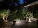 Outdoor patio with lush tropical landscaping at night with landscape lighting at 1750 Arabian Ln, Palm Harbor, FL 34685