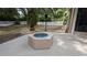 Cozy backyard with a fire pit, white fence, tropical trees, and landscaped garden at 4872 Silverthorne Ct, Oldsmar, FL 34677