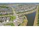 Wide aerial view of a neighborhood showcasing the well-planned community layout and tranquil lake views at 5477 Wayfarer Ave, Apollo Beach, FL 33572