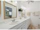 Well-lit bathroom featuring double sinks, framed mirrors, and white wainscoting at 1703 Ryan Dr, Lutz, FL 33549