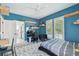Bedroom with blue walls, floating shelves, patterned rug, and two windows with white shutters at 1940 Floresta View Dr, Tampa, FL 33618