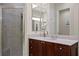 Bathroom featuring a tiled shower, vanity, and a view of a decorative mirror at 19830 Strathmore Pl, Land O Lakes, FL 34638