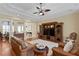 Comfortable living area featuring wood floors, stylish furniture, and elegant decor at 19830 Strathmore Pl, Land O Lakes, FL 34638