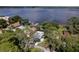 Aerial view of waterfront homes boasting private docks and scenic lake views surrounded by mature trees at 297 Lakeview Dr, Tarpon Springs, FL 34689