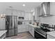 Modern kitchen featuring stainless steel appliances, white countertops, and gray cabinetry at 297 Lakeview Dr, Tarpon Springs, FL 34689