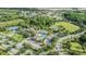 Aerial view of community amenities featuring a large pool, clubhouse, and mature trees at 30817 Pumpkin Ridge Dr, Wesley Chapel, FL 33543