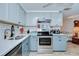 Modern kitchen with light blue cabinetry, stainless steel appliances and tile floors at 39423 9Th Ave, Zephyrhills, FL 33542
