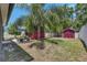 View of a backyard with a shed and a palm tree at 10636 Dawns Light Dr, Riverview, FL 33578