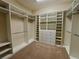 Spacious walk-in closet with custom shelving, rods and carpeted floor at 11489 Bitola Dr, Odessa, FL 33556