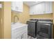 Convenient laundry area with sleek washer and dryer, a deep sink, and ample storage cabinets at 1768 Lago Vista Blvd, Palm Harbor, FL 34685