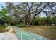 Spacious backyard featuring lush landscaping, mature trees, and a unique shuffleboard court at 18546 Kelly Rd, Spring Hill, FL 34610