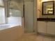 Bathroom featuring a soaking tub, glass shower, and vanity with dark countertop at 2213 Towering Oaks Cir, Seffner, FL 33584