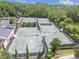 Overhead view of the tennis courts surrounded by lush greenery and landscaping at 29895 Picana Ln, Wesley Chapel, FL 33543