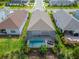 Aerial view of a home with a screened-in pool, lush landscaping, and a well-maintained yard at 3603 Woodmont Dr, Parrish, FL 34219