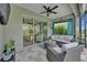 Relaxing lanai features comfortable seating, ceiling fan, and sliding glass doors to the interior at 3603 Woodmont Dr, Parrish, FL 34219