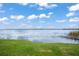 Scenic community lake with lush green lawn under a sunny blue sky at 4690 Wrentham Pl, Palm Harbor, FL 34685