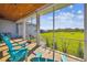 View from the screened porch showcasing the spacious backyard and blue Adirondack chairs at 7627 Artifact Dr, Zephyrhills, FL 33541