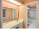 Bright bathroom features a white vanity, sink, and a large mirror at 8064 Brentwood Rd, Seminole, FL 33777