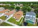 Aerial view of a home featuring a backyard pool, trampoline, and privacy fence in a suburban neighborhood at 9551 Maxson Dr, Land O Lakes, FL 34638
