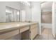 Bright bathroom vanity with a large mirror, sink, and access to a shower and toilet room at 12002 Peony Ct, Tampa, FL 33635
