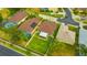 Aerial view showcases screened-in pools and immaculate lawns of various homes in the neighborhood at 1535 Crossvine Ct, Trinity, FL 34655