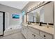 Bright bathroom featuring a shower, bathtub, and double sink vanity at 1535 Crossvine Ct, Trinity, FL 34655