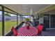 Covered patio with table and chairs overlooks the grassy fenced-in backyard at 16704 Sunburst Lake St, Wimauma, FL 33598