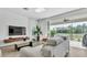 Living room with large sliding glass doors that open to the patio, bright white walls, and modern decor at 18017 Ramble On Way, Land O Lakes, FL 34638